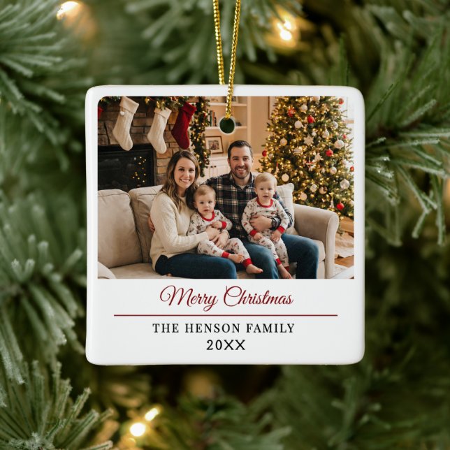 Ornamento De Cerâmica Modern Personalized Family Photo Merry Christmas  (Árvore)