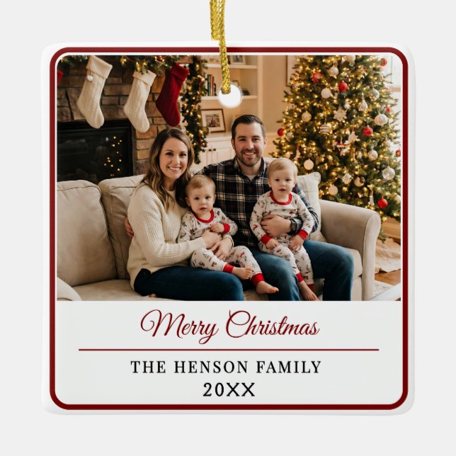 Ornamento De Cerâmica Modern Personalized Family Photo Merry Christmas  (Frente)