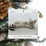 Ornamento De Cerâmica Modern Pet My First Christmas 2 Photo<br><div class="desc">Pet 2 (dois) Moderno (Pet 2) Ornamento da cerâmica fotográfica de Natal. Design apresenta duas fotografias do seu filhote ou gatinho de estimação,  o título 'Meu Primeiro Natal',  o nome e o Ano. Todo texto é fácil de personalizar usando o modelo fornecido.</div>