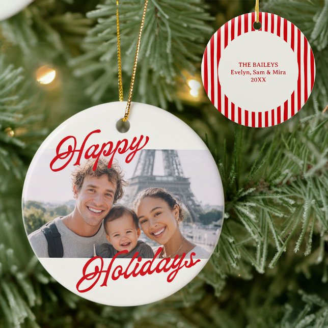 Ornamento De Cerâmica Modern Photo Happy Holidays Family Keepsake (Criador carregado)