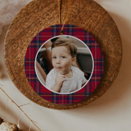 Ornamento De Cerâmica Modern Plaid Christmas Photo