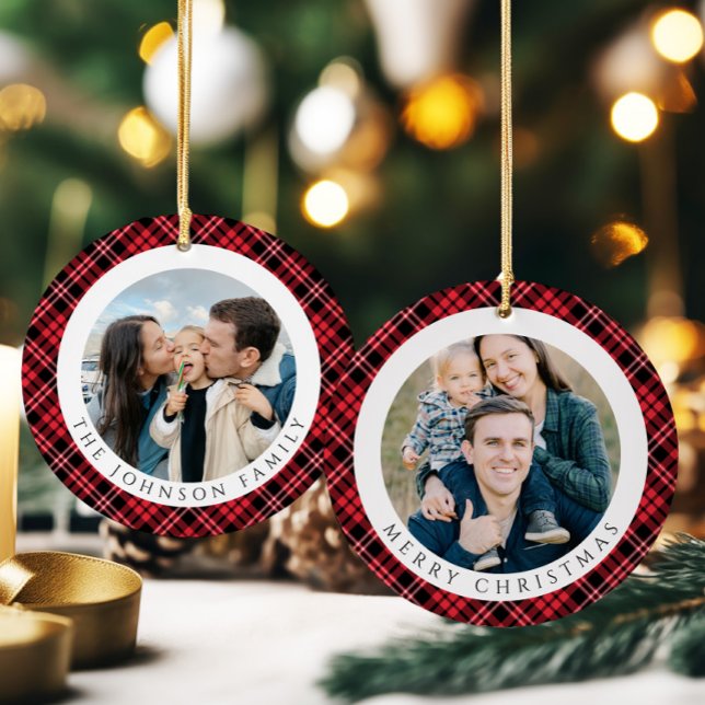 Ornamento De Cerâmica Modern Red Plaid Photo Christmas (Modern Red Plaid Photo Christmas Ceramic Ornament)