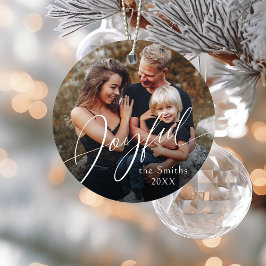 Ornamento De Cerâmica Modern Script Joyful Christmas Family Photo