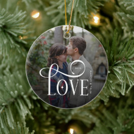 Ornamento De Cerâmica Modern Script Love Custom Engaged Couples Photo