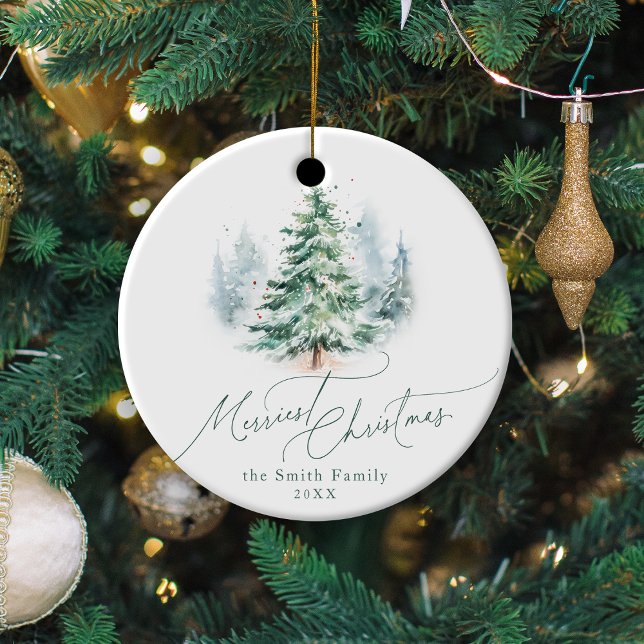 Ornamento De Cerâmica Modern Script Merriest Christmas Pine Tree (Modern Script Merriest Christmas Pine Tree Ceramic Ornament)