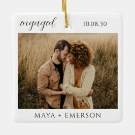 Ornamento De Cerâmica Modern Script Rustic Engagement Photo Keepsake 