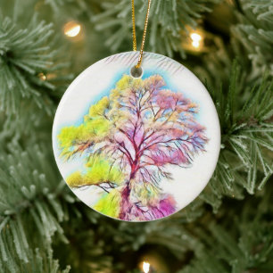Ornamento De Cerâmica Modern watercolor of colored snowed trees