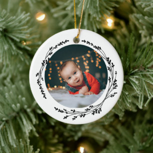 Ornamento De Cerâmica Moderno Elegante Bebê Primeiro Natal Preto Branco