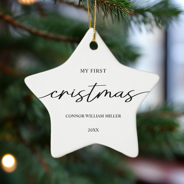 Ornamento De Cerâmica Moderno Elegante Mínimo de Natal do bebê (Baby's First Christmas Minimal Elegant Modern Ceramic Ornament)