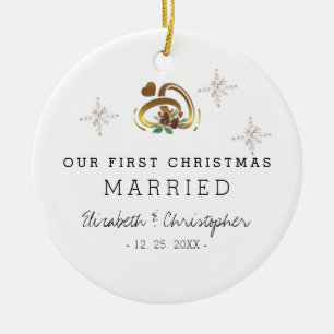 Ornamento De Cerâmica Moderno Nossa Primeira Foto Casada De Natal