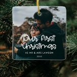 Ornamento De Cerâmica Moderno Nossa Primeira Foto de Natal<br><div class="desc">Uma tipografia moderna para esta coleção de personagens. Para personalizar com a sua imagem favorita. Você também pode mudar facilmente a cor da fonte para seu gosto.</div>
