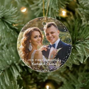 Ornamento De Cerâmica Moderno Nosso Primeiro Natal Como Sr. e Sra. Flora