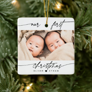Ornamento De Cerâmica Moderno Nosso Primeiro Natal Foto Novos Pais Gêmeo