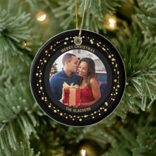 Ornamento De Cerâmica Moderno Tendência Natal Dourado Casal de Destaque