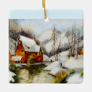 Ornamento De Cerâmica Moinho de água na neve