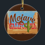 Ornamento De Cerâmica Mojave California Cartoon Desert Viagens vintage<br><div class="desc">Mojave California neo viagens vintage na engraçada caricatura,  estilo retrógrado com deserto,  cacto e rochas. Azul,  marrom e vermelho com cacto verde.</div>