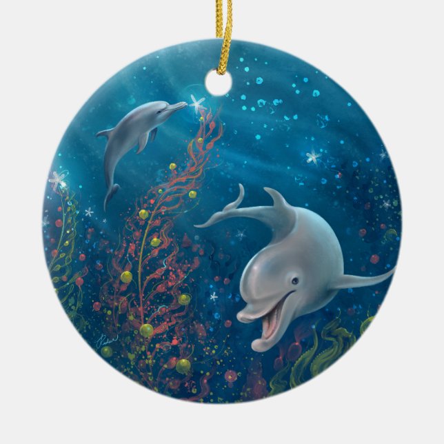 Ornamento De Cerâmica Mola d'água, Dolphin Peace e Joy Christmas (Frente)