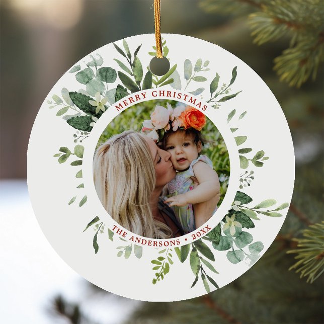 Ornamento De Cerâmica Moldura Botânica Verde de Aquarela 2 Foto Natal (Criador carregado)