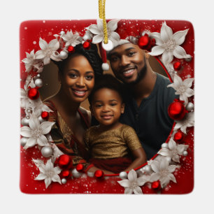 Ornamento De Cerâmica Moldura de foto de Natal Vermelho