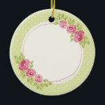 Ornamento De Cerâmica Moldura de Rosas Vintage Shabby Chic<br><div class="desc">Moldura floral vintage elegante com rosas cor-de-rosa suaves e um delicado fundo de bolinhas,  perfeita para criar designs personalizados para ocasiões especiais.</div>