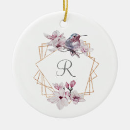 Ornamento De Cerâmica Moldura Dourada de Magnólias Rosa Branco 