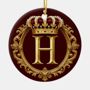 Ornamento De Cerâmica Moldura Dourada Luxuosa Com Monograma Coroado