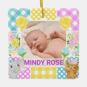 Ornamento De Cerâmica Moldura Floral e Xadrez Foto Bebê Recém-Nascido