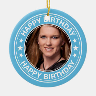 Ornamento De Cerâmica Moldura para retrato do feliz aniversario no azul