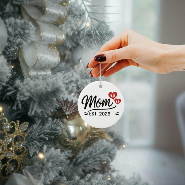 Ornamento De Cerâmica Mom Established Mothers Day Name Year Script Heart (new mom established mothers day ornaments  mama mum typography simple heart modern script christmas )