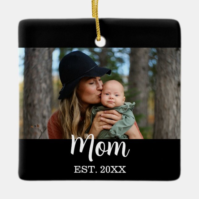 Ornamento De Cerâmica Mom Established Photo Mother's Day Black (Frente)