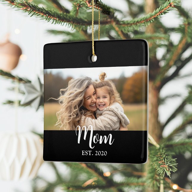 Ornamento De Cerâmica Mom Established Year Script Text Black Photo (Established mom personalizable with photo, name & year she became a mom - the perfect christmas gift)
