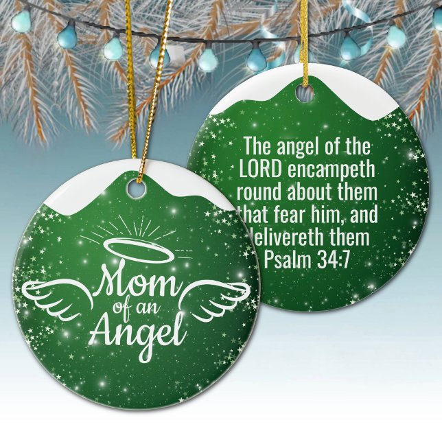 Ornamento De Cerâmica Mom of an Angel Green Christian Christmas 👼🏻 🎄 (Mom of an Angel Psalm 34:7 Christian Christmas Religious Holiday Ceramic Ornament green star 👼✞)