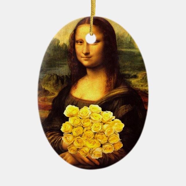 Ornamento De Cerâmica Mona Lisa Com Buquê De Rosas Amarelas (Frente)