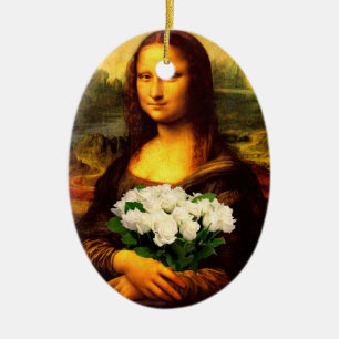 Ornamento De Cerâmica Mona Lisa Com Buquê De Rosas Brancas