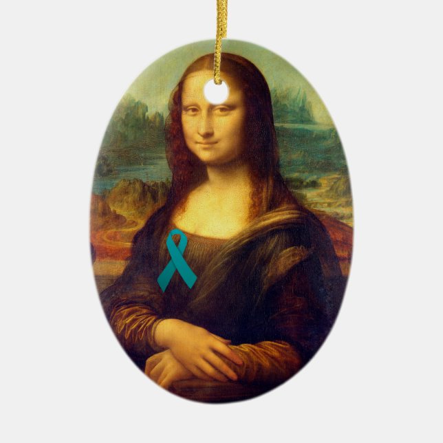 Ornamento De Cerâmica Mona Lisa Com Fita Teal (Frente)