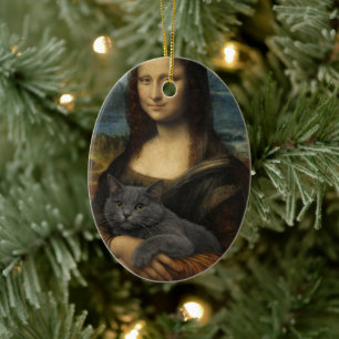 Ornamento De Cerâmica Mona Lisa segurando um gato cinza elegante        