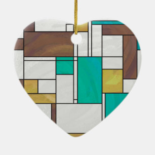 Ornamento De Cerâmica Mondrian Brown Yellow Teal Impressão