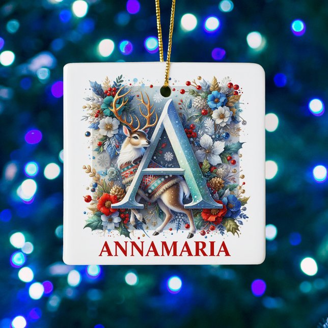 Ornamento De Cerâmica Monograma A de Reenas de Natal Com Nome Personaliz (Criador carregado)