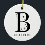 Ornamento De Cerâmica Monograma B Nome Celestial<br><div class="desc">Adicione um toque de magia celestial à sua decoração de férias com este Enfeites de natal monográfico espantoso! Apresentando uma carta adornada com estrelas pequenas e luas à sua volta e a sua escolha de nome por baixo, este ornamento personalizado é o nome perfeito para a temporada. Ele ajustado confortavelmente...</div>