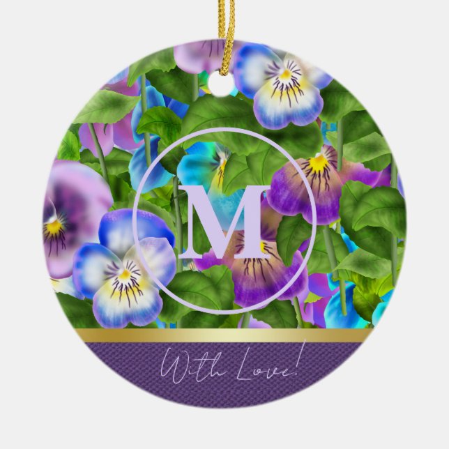Ornamento De Cerâmica Monograma Birthday Pansy Violet Flowcolor (Frente)