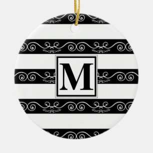 Ornamento De Cerâmica Monograma branco preto moderno listrado
