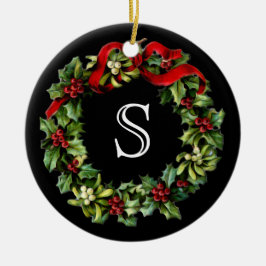 Ornamento De Cerâmica Monograma Clássico Holly Wreath Natal Personalizad