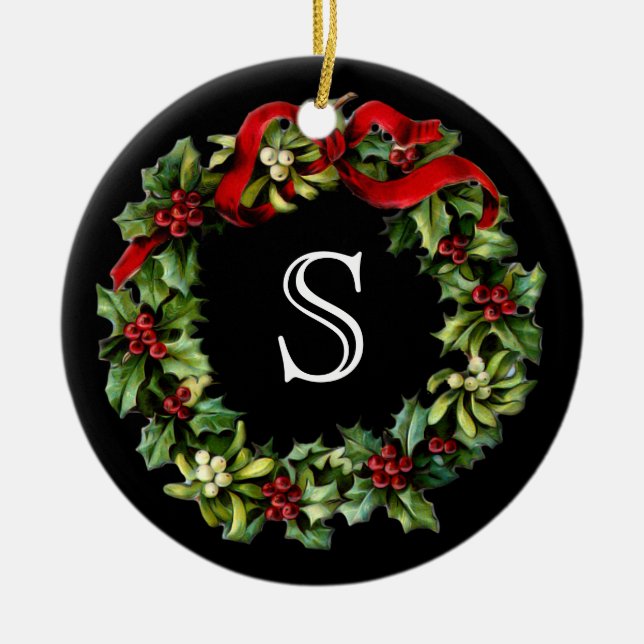 Ornamento De Cerâmica Monograma Clássico Holly Wreath Natal Personalizad (Frente)