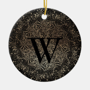 Ornamento De Cerâmica Monograma com Floco de Neve Dourado Preto Monogram