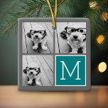 Ornamento De Cerâmica Monograma da Colagem de Fotos em Teal e cinza<br><div class="desc">Use 3 fotos quadradas para criar um presente exclusivo e pessoal.</div>