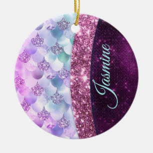 Ornamento De Cerâmica Monograma da cor rosa-prateada com pele de sereia