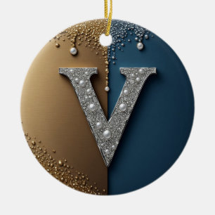 Ornamento De Cerâmica Monograma da Letra V Com Diamantes Pérolas