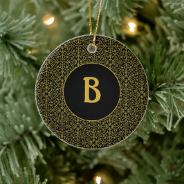 Ornamento De Cerâmica Monograma de Arquivo Preto e Dourado Personalizado