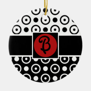 Ornamento De Cerâmica Monograma de bolinhas elegante preto e branco meta