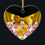 ORNAMENTO DE CERÂMICA MONOGRAMA DE BORRÃO DOURADA DE BORRÃO VERMELHO ELE<br><div class="desc">Monograma do coração elegante com flores brancas vermelhas damask e arcos amarelos ouros para Natal Feriado,  Dia de os namorados,  aniversário,  casamento,  salvar a data,  noivado romântico,  chás de panela.</div>